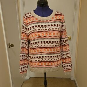 J. Crew Wool Cream Fair Isle Crewneck Sweater with Orange & Burgundy Pattern